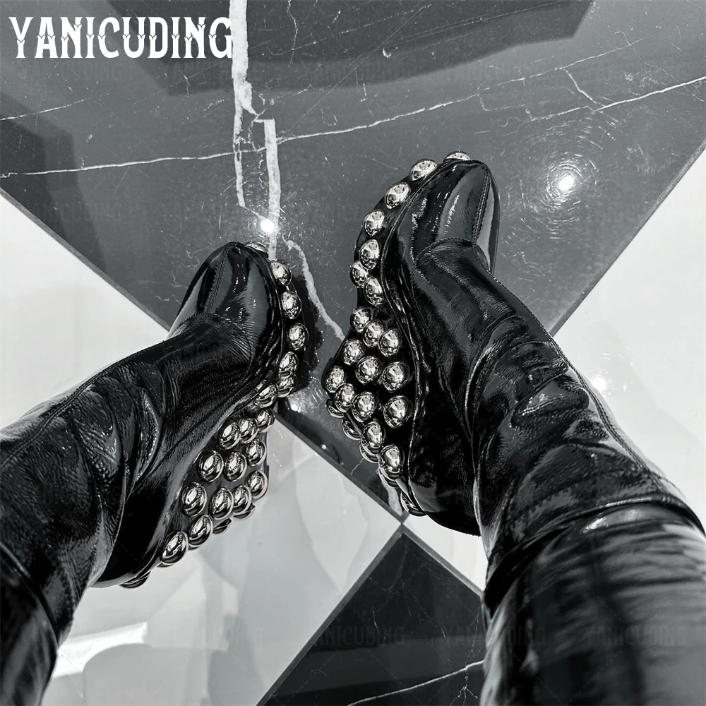Silver Studs Platform Stretch Boots Black Patent Leather Slip-On Style Wedge Boots Punk Style Novelty Metal Bead High Heel Boots
Silver Studs Platform Stretch Boots Black Patent Leather Slip-On Style Wedge Boots Punk Style Novelty Metal Bead High Heel Boots