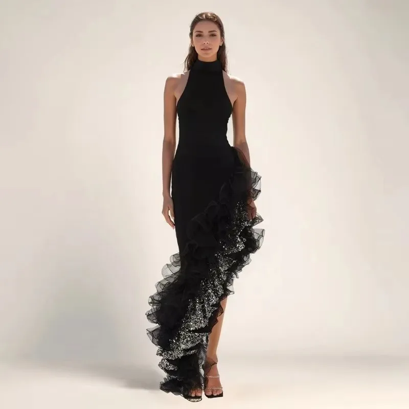 Black Shiny Ruched Club Dress Sleeveless Formal Wedding Party Gowns for Women High Neck Shiny Sequines Evening Dresses
Black Shiny Ruched Club Dress Sleeveless Formal Wedding Party Gowns for Women High Neck Shiny Sequines Evening Dresses