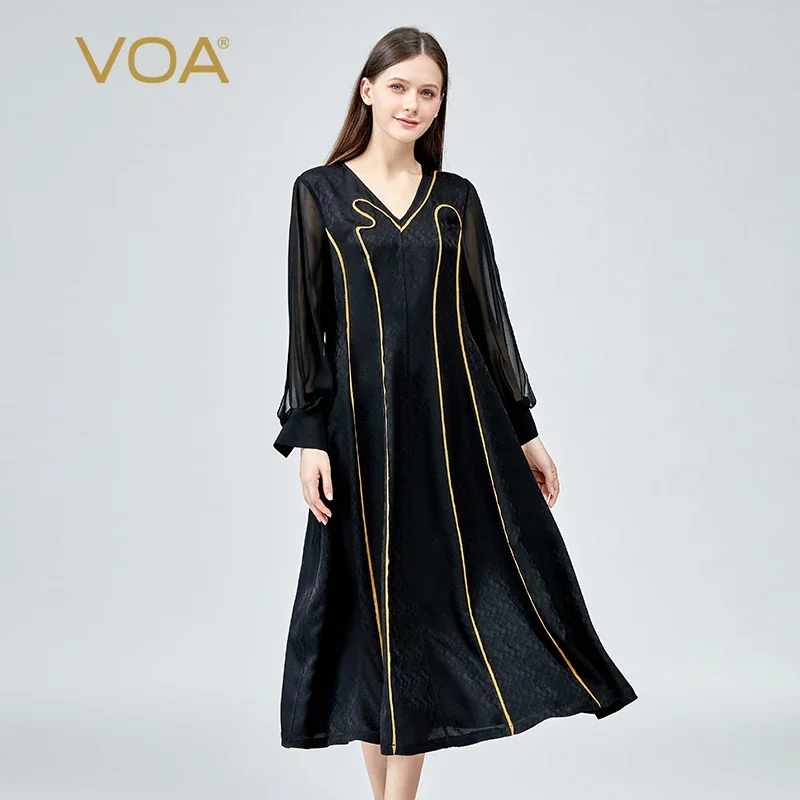 VOA Silk V-Neck Chic Bright Line Decoration Black A-Line Woman Dress Office Shirt Long Sleeves Ladies Dresses Autumn New AE1175
VOA Silk V-Neck Chic Bright Line Decoration Black A-Line Woman Dress Office Shirt Long Sleeves Ladies Dresses Autumn New AE1175