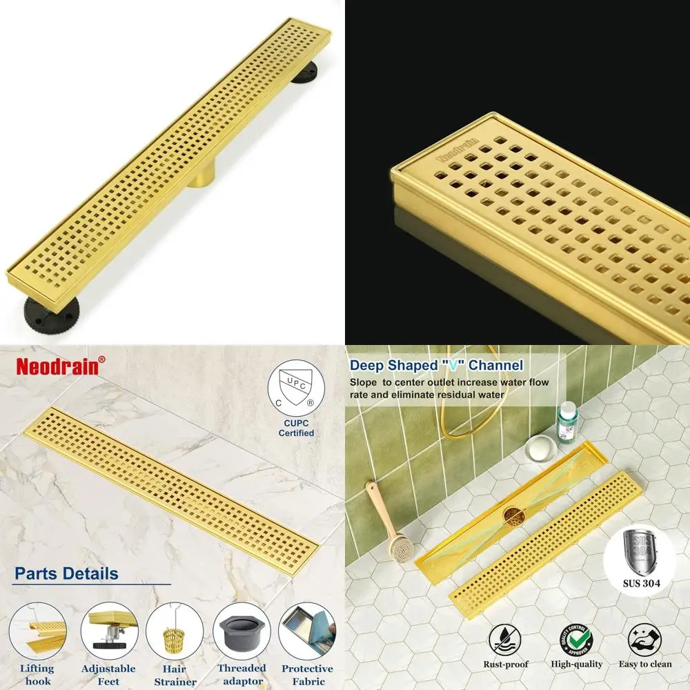 18 Brushed Brass Linear Shower Drain with Detachable Quadrato Grate, Gold Stainless Steel Rectangle Shower Floor Drain, Hair Str
18 Brushed Brass Linear Shower Drain with Detachable Quadrato Grate, Gold Stainless Steel Rectangle Shower Floor Drain, Hair Str