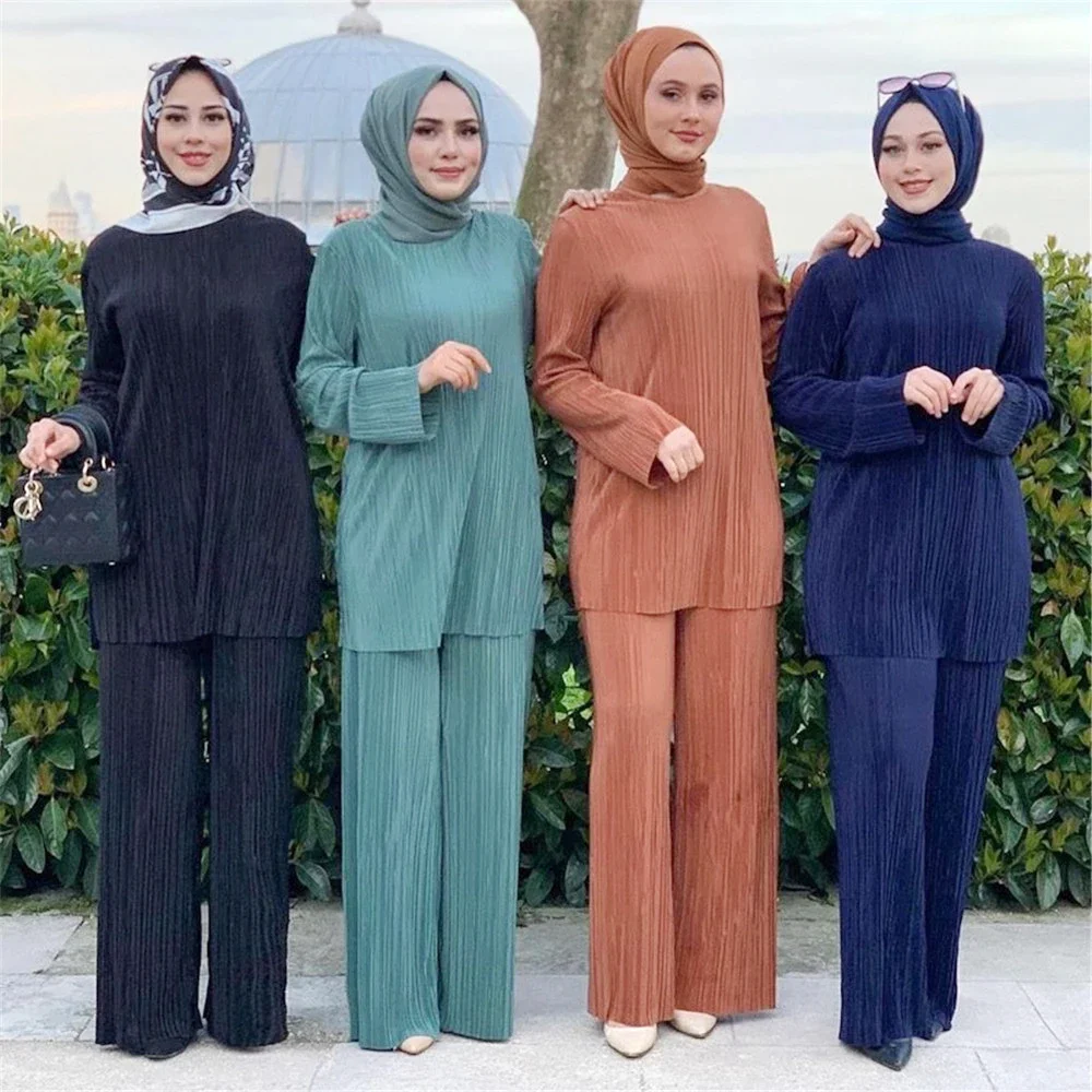 Muslim Women 2 Piece Set Pleated Long Sleeve Tops Wide Leg Pants Trousers Suit Dubai Abaya Turkish Kaftan Dress Gown Eid Mubarak
Muslim Women 2 Piece Set Pleated Long Sleeve Tops Wide Leg Pants Trousers Suit Dubai Abaya Turkish Kaftan Dress Gown Eid Mubarak