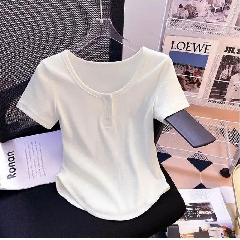 Slim Short Sleeve Button T Shirts Summer New Solid Color Simplicity O-neck Fashion Tops Tees Casual Korean Women Clothing
Slim Short Sleeve Button T Shirts Summer New Solid Color Simplicity O-neck Fashion Tops Tees Casual Korean Women Clothing