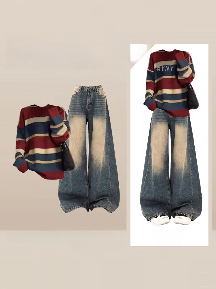 Цветной полосатый вязаный свитер с высокой талией, широкие джинсы, комплект из двух предметов для женщин, осенний сезон, повседневный свободный крой, сле
Цветной полосатый вязаный свитер с высокой талией, широкие джинсы, комплект из двух предметов для женщин, осенний сезон, повседневный свободный крой, сле