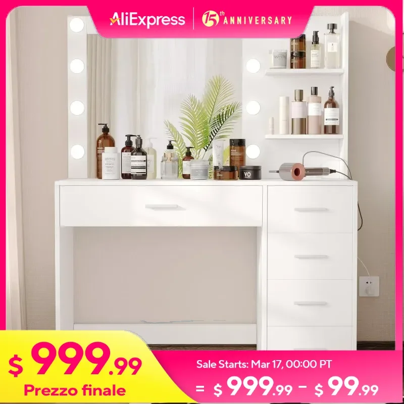 Makeup Vanity Desk, Vanity Table with Mirror & 3 Lighting Colors, Brightness Adjustable, Dressing Table with Charging Station
Makeup Vanity Desk, Vanity Table with Mirror & 3 Lighting Colors, Brightness Adjustable, Dressing Table with Charging Station