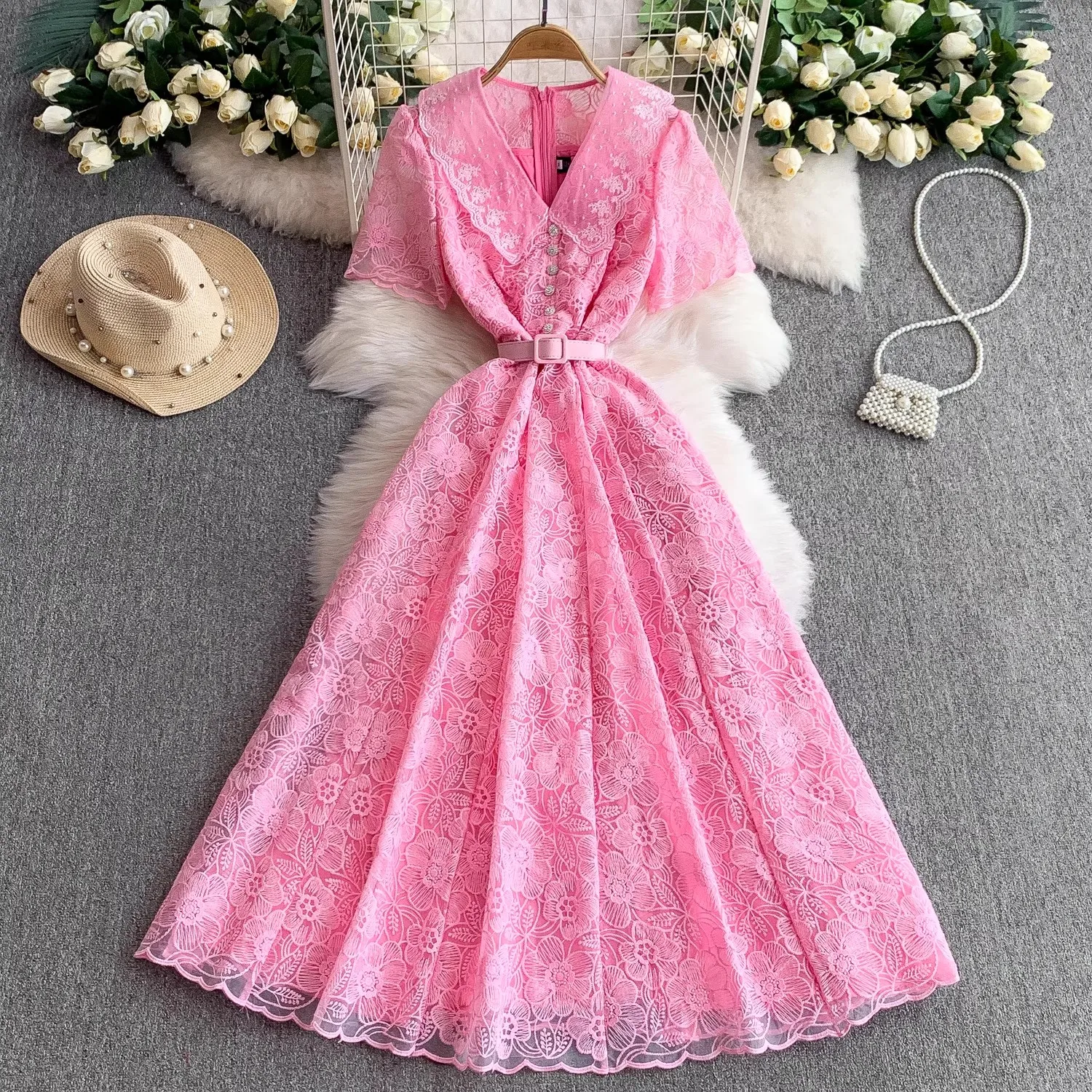 French Summer Crochet Lace Prom Dress For Women Flower Hollow Out Short Sleeve Emboridery Party Mid-Long Prom Evening Dress
French Summer Crochet Lace Prom Dress For Women Flower Hollow Out Short Sleeve Emboridery Party Mid-Long Prom Evening Dress