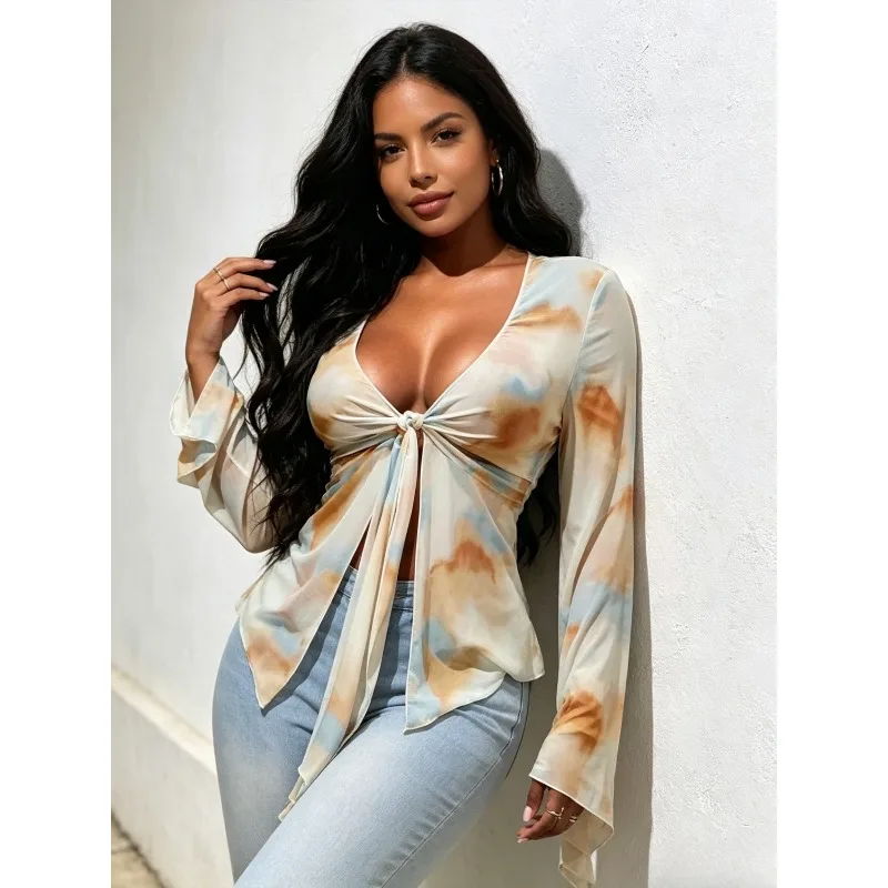 Fashion Sexy Deep V-neck Flared Long Sleeved Tie Dye Tops Spring and Autumn Plus Size Casual Vacation Women's Chiffon Blouse
Fashion Sexy Deep V-neck Flared Long Sleeved Tie Dye Tops Spring and Autumn Plus Size Casual Vacation Women's Chiffon Blouse