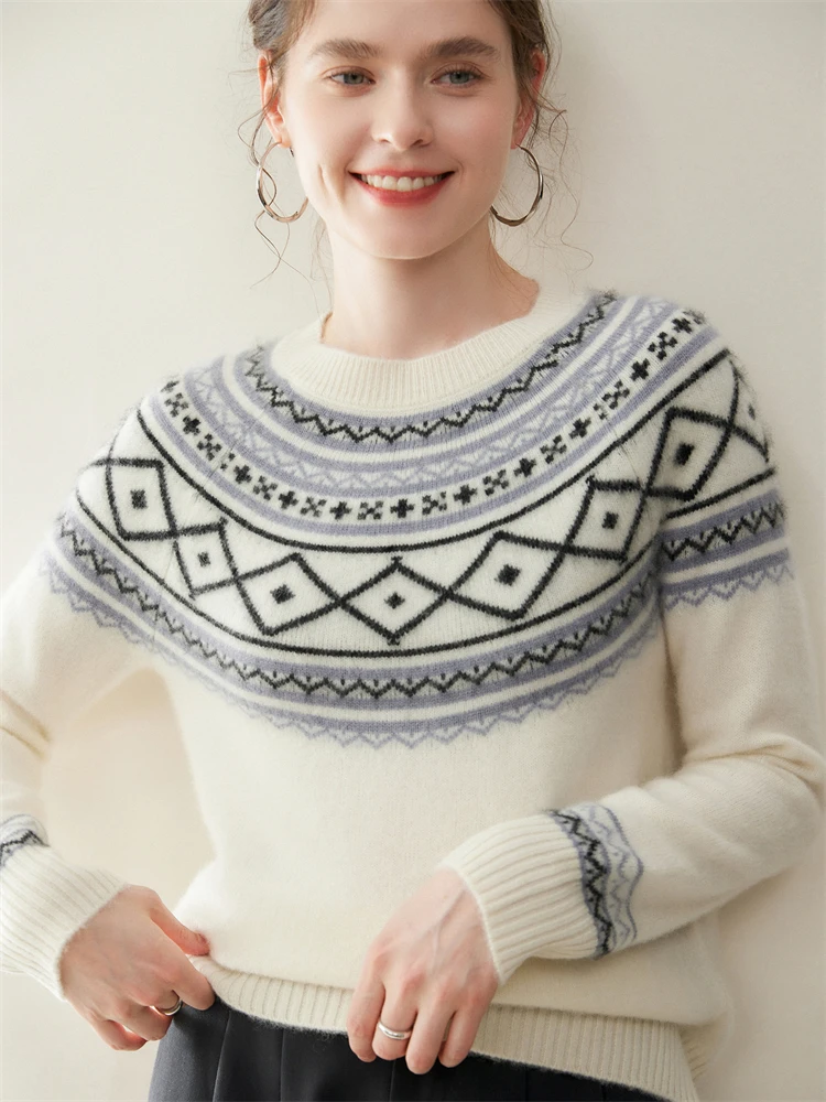 New Women's Cashmere Sweater Fair Isle Jacquard Pullover Autumn Winter Vintage Thicken 100% Cashmere Knitwear Raglan Sleeve Tops
New Women's Cashmere Sweater Fair Isle Jacquard Pullover Autumn Winter Vintage Thicken 100% Cashmere Knitwear Raglan Sleeve Tops