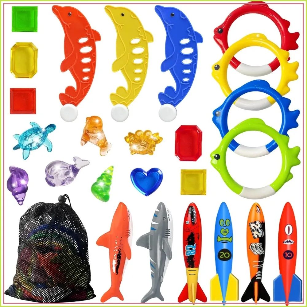 25PCS Pool Diving Toys Set with Dive Sticks, Rings, Torpedo Bandits & Fish Toy - Fun Water Swim Toys for Boys Girls Adults
25PCS Pool Diving Toys Set with Dive Sticks, Rings, Torpedo Bandits & Fish Toy - Fun Water Swim Toys for Boys Girls Adults