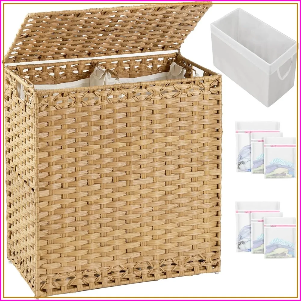 Wicker Laundry Hamper with Lid 112L, Handwoven Rattan Clothes Basket with Handles, 3 Removable Liners & 6 Mesh Bags
Wicker Laundry Hamper with Lid 112L, Handwoven Rattan Clothes Basket with Handles, 3 Removable Liners & 6 Mesh Bags