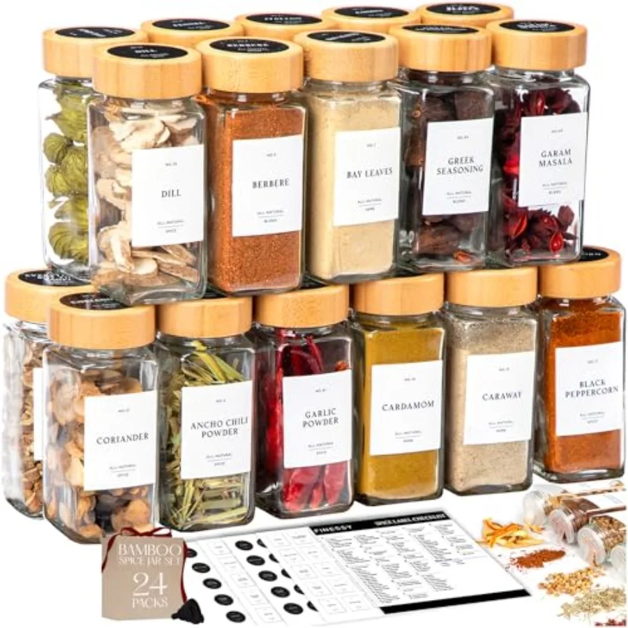 Bamboo Glass Spice Jars with Labels and Shaker Lids Clear Empty 4oz 24 Pack Bottles Set, Glass Spice Containers with Labels, Se
Bamboo Glass Spice Jars with Labels and Shaker Lids Clear Empty 4oz 24 Pack Bottles Set, Glass Spice Containers with Labels, Se