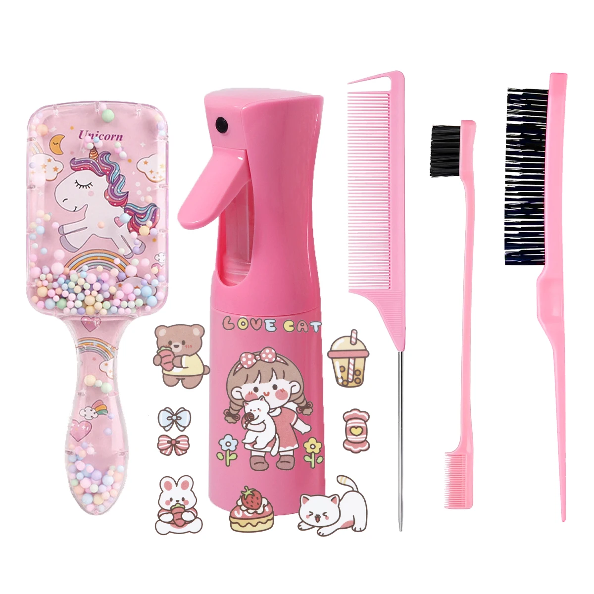 6pcs hair tool set, spray bottle cartoon sticker, back comb handle hair brush, salon hair tool, Special for Real Hair Wigs
6pcs hair tool set, spray bottle cartoon sticker, back comb handle hair brush, salon hair tool, Special for Real Hair Wigs