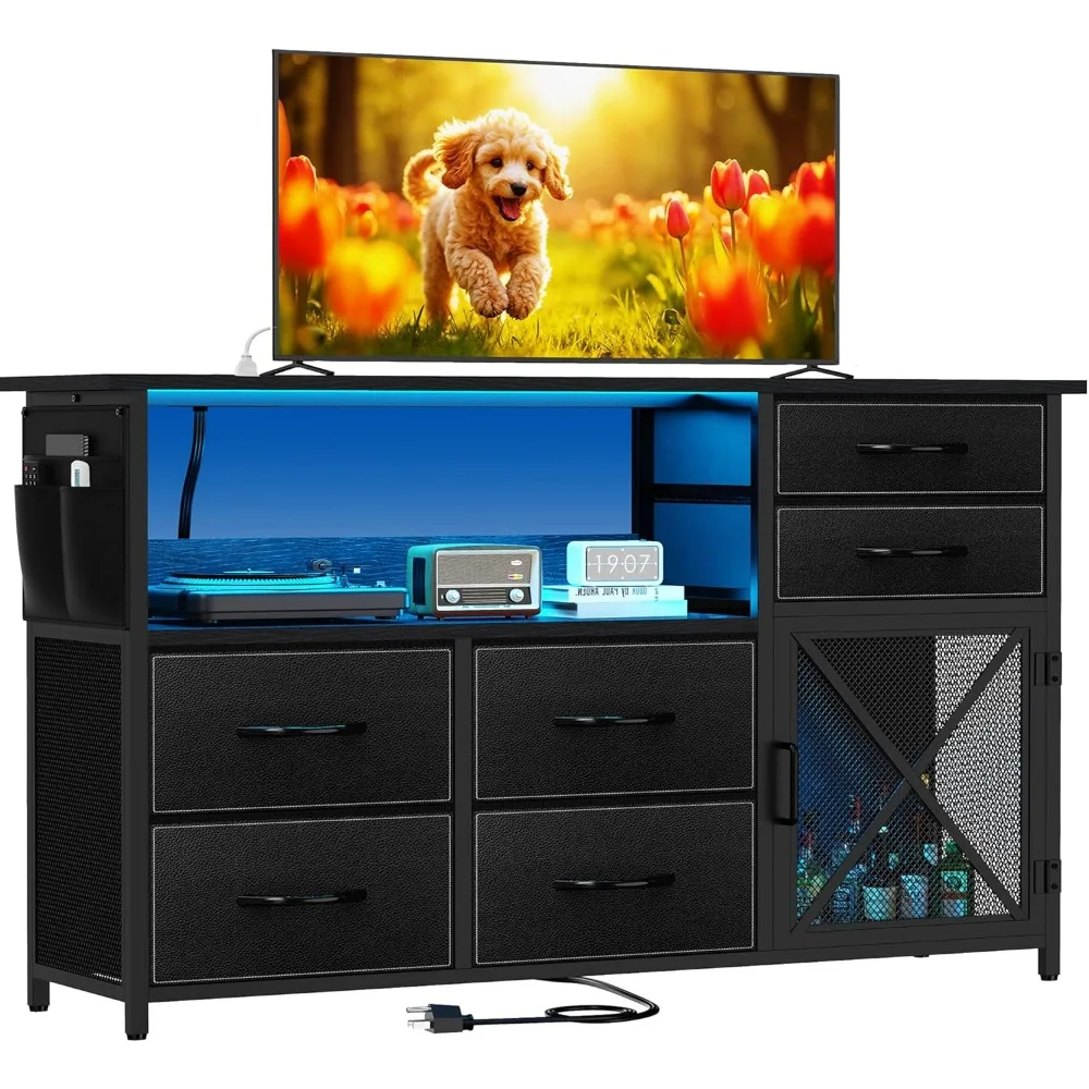 Dresser for Bedroom with LED Lights, TV Stand with Charging Station for 50 inch TV, 6 Drawers Chest with Door and Side Storage,
Dresser for Bedroom with LED Lights, TV Stand with Charging Station for 50 inch TV, 6 Drawers Chest with Door and Side Storage,