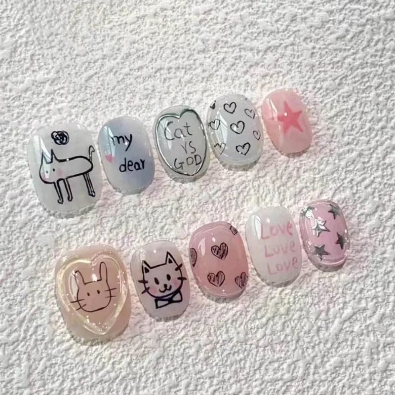 10 Pieces Dopamine Love Heart Short Handmade Press On Nails Childish Cute Cat Fake Nails Removable Reusable
10 Pieces Dopamine Love Heart Short Handmade Press On Nails Childish Cute Cat Fake Nails Removable Reusable
