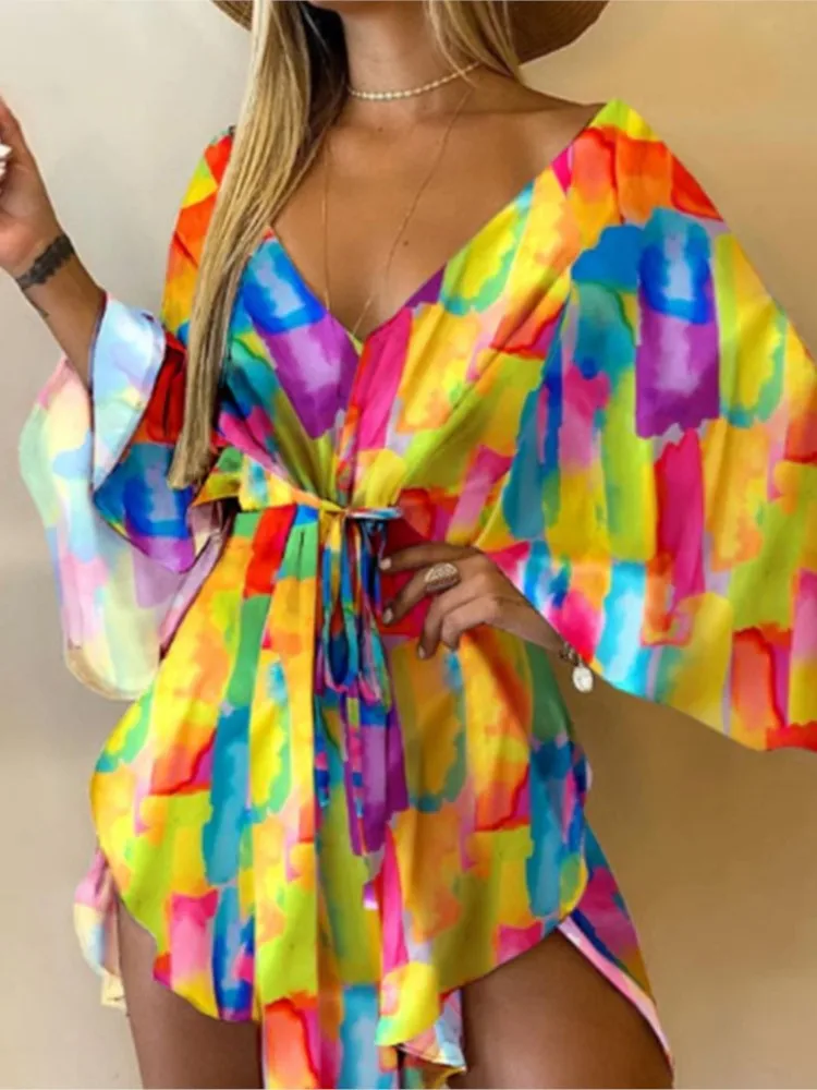 Spring Summer New Printed Irregular Mini Dresses Women Sexy V-neck Dolman Sleeve Leace-up Dress Fashion Chic Commuting Vestidos
Spring Summer New Printed Irregular Mini Dresses Women Sexy V-neck Dolman Sleeve Leace-up Dress Fashion Chic Commuting Vestidos