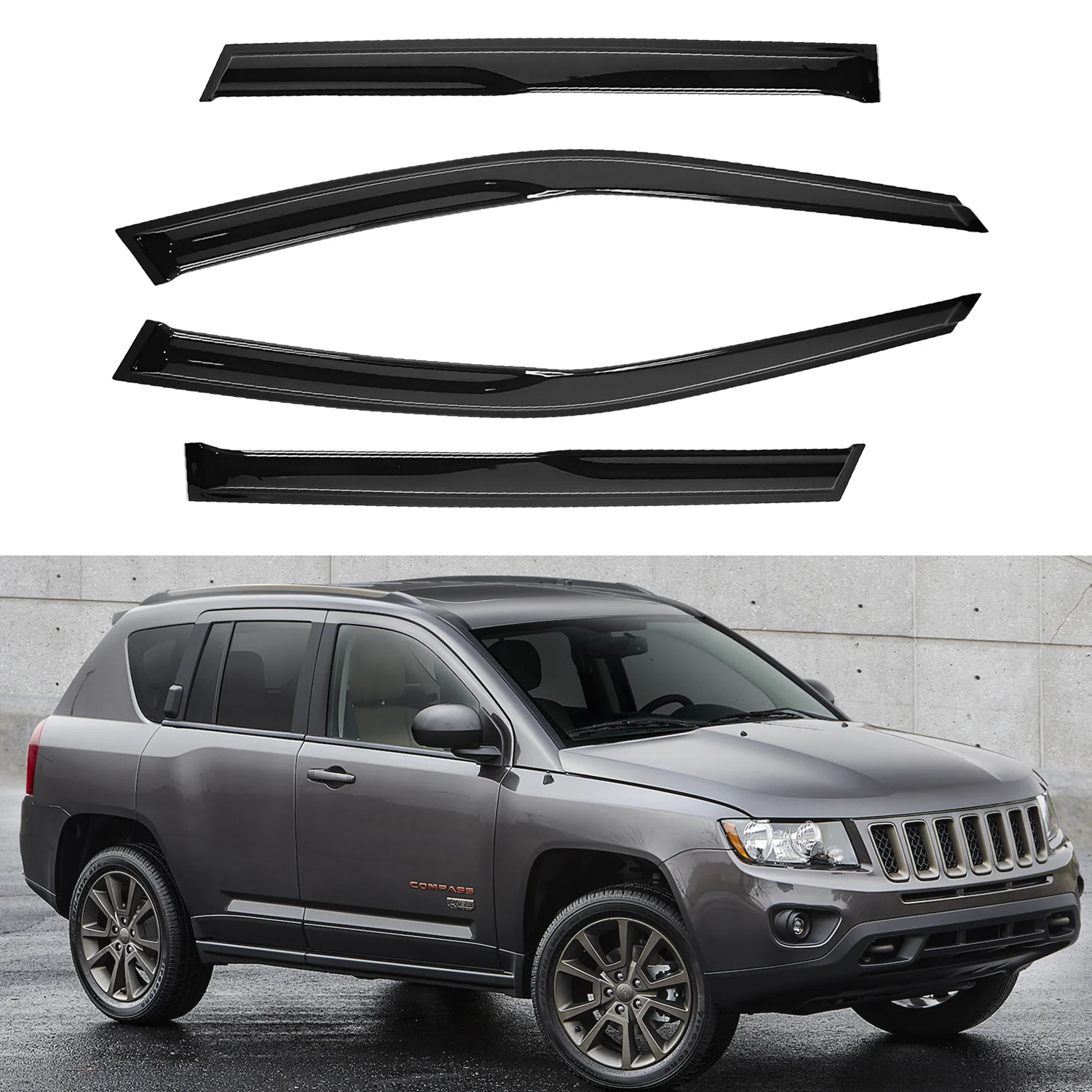 For Jeep Compass 4-Door 2007-2017 External Rain Guards Tinted 4pcs Set Window Deflectors with Drainage Channels 1.5MM Thick
For Jeep Compass 4-Door 2007-2017 External Rain Guards Tinted 4pcs Set Window Deflectors with Drainage Channels 1.5MM Thick