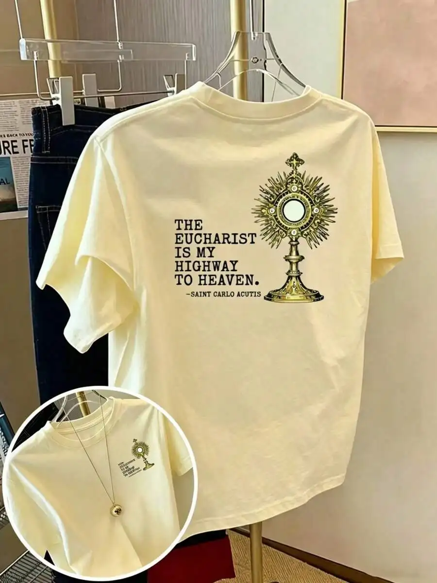 Womens Graphic Tee With Eucharist Monstrance Print Religious Quote Casual Short Sleeve Round Neck Top
Womens Graphic Tee With Eucharist Monstrance Print Religious Quote Casual Short Sleeve Round Neck Top
