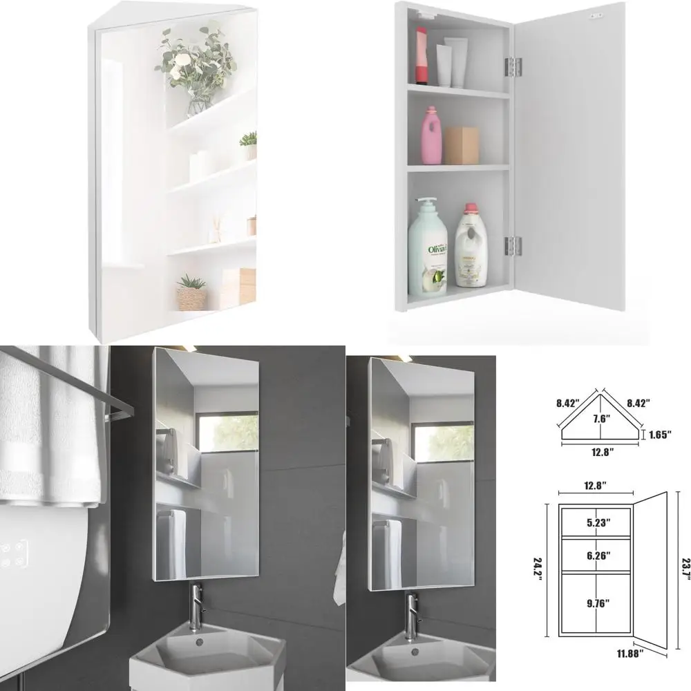 White Wall-Mounted Corner Medicine Cabinet with Mirror and Triple Shelves for Bathroom
White Wall-Mounted Corner Medicine Cabinet with Mirror and Triple Shelves for Bathroom