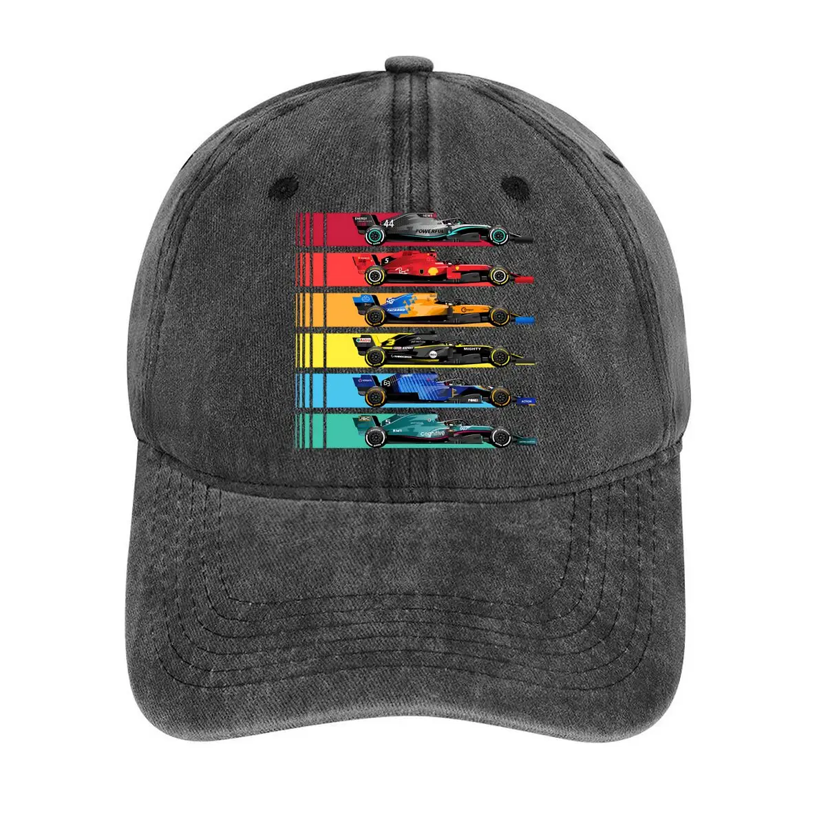 Formula 1 Cars Stacked Design Motorsport - themed, Showcasing Multiple Formula 1 Cars in a Colorful, Washed Baseball Cap
Formula 1 Cars Stacked Design Motorsport - themed, Showcasing Multiple Formula 1 Cars in a Colorful, Washed Baseball Cap