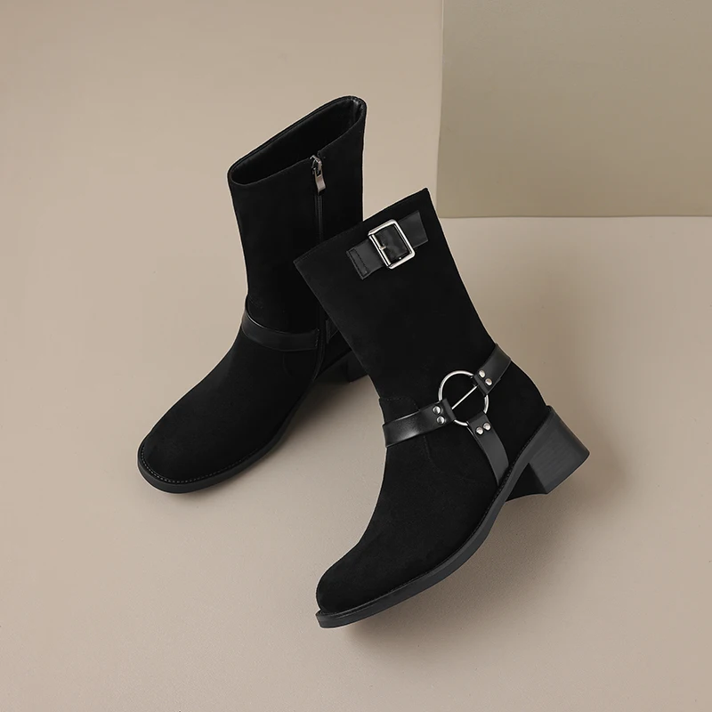 French Retro Suede Material Women's Boots Calf Height Round Toe Square Heel Comfortable Mid-heel Zipper Belt Buckle
French Retro Suede Material Women's Boots Calf Height Round Toe Square Heel Comfortable Mid-heel Zipper Belt Buckle