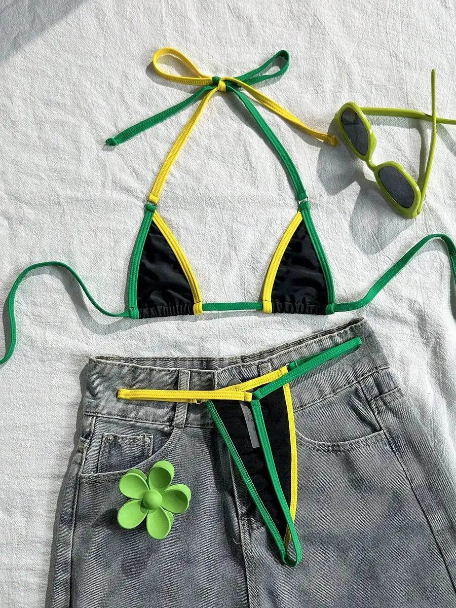 Womens Green Yellow Triangle Micro Bikini Set With Thong Bottom
Womens Green Yellow Triangle Micro Bikini Set With Thong Bottom