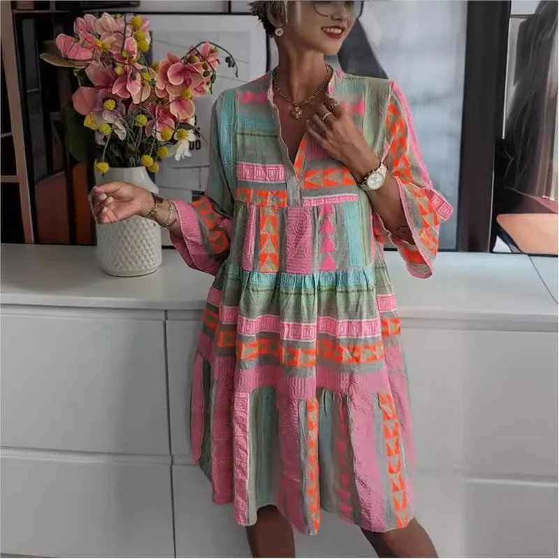 Women Dresses V Neck Three Quarter Sleeve Pullover Dress Print Floral Vestidos Knee Length Loose Fit Casual 2025 Summer 
Women Dresses V Neck Three Quarter Sleeve Pullover Dress Print Floral Vestidos Knee Length Loose Fit Casual 2025 Summer