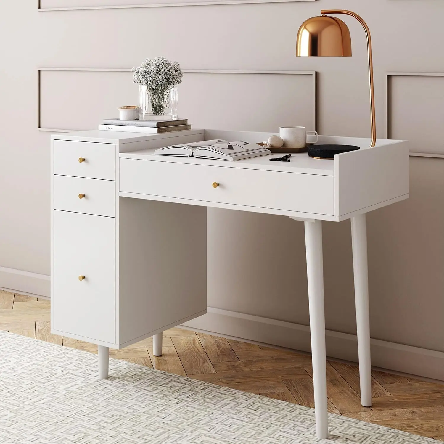 Dressing Table or Makeup Desk with 4-Drawers and Brass Accent Knobs, White Wood
Dressing Table or Makeup Desk with 4-Drawers and Brass Accent Knobs, White Wood