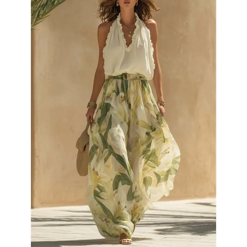 2 Pieces Set For Woman Blouse V Neck Crop Top Floral Print Sleeveless Tank Top Halter Neck Ruffle Trim Camisole Sheer Fabric
2 Pieces Set For Woman Blouse V Neck Crop Top Floral Print Sleeveless Tank Top Halter Neck Ruffle Trim Camisole Sheer Fabric