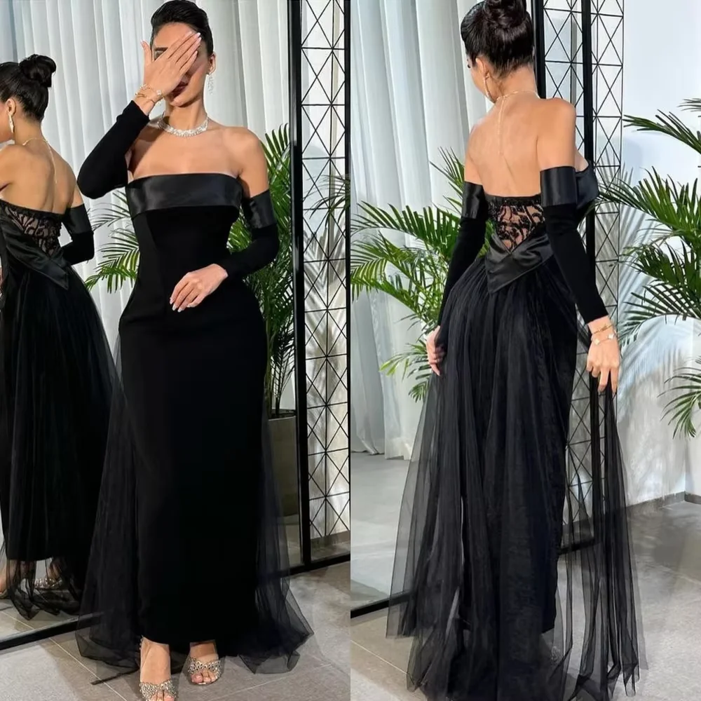 Customized Black Straight Prom Dresses Floor-Length Strapless Three Quarter Sleeve Evening Dresses Fashion Lace Tulle Backless
Customized Black Straight Prom Dresses Floor-Length Strapless Three Quarter Sleeve Evening Dresses Fashion Lace Tulle Backless