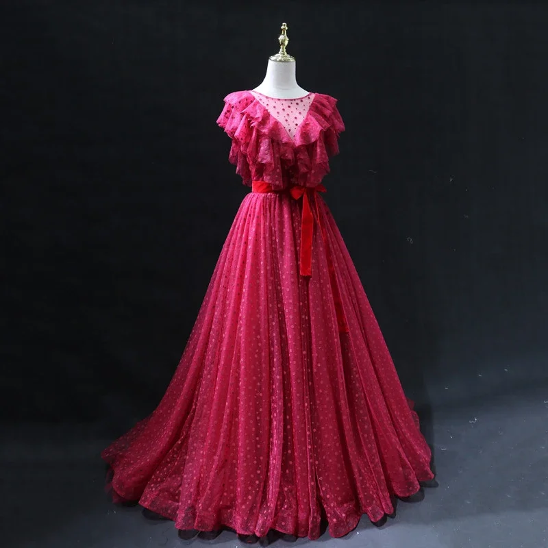 Customized Evening Dress Burgundy Dots Tulle O-neck Ruffles Zipper Back Floor Length A-line Trail Plus Women Party Formal Gown
Customized Evening Dress Burgundy Dots Tulle O-neck Ruffles Zipper Back Floor Length A-line Trail Plus Women Party Formal Gown