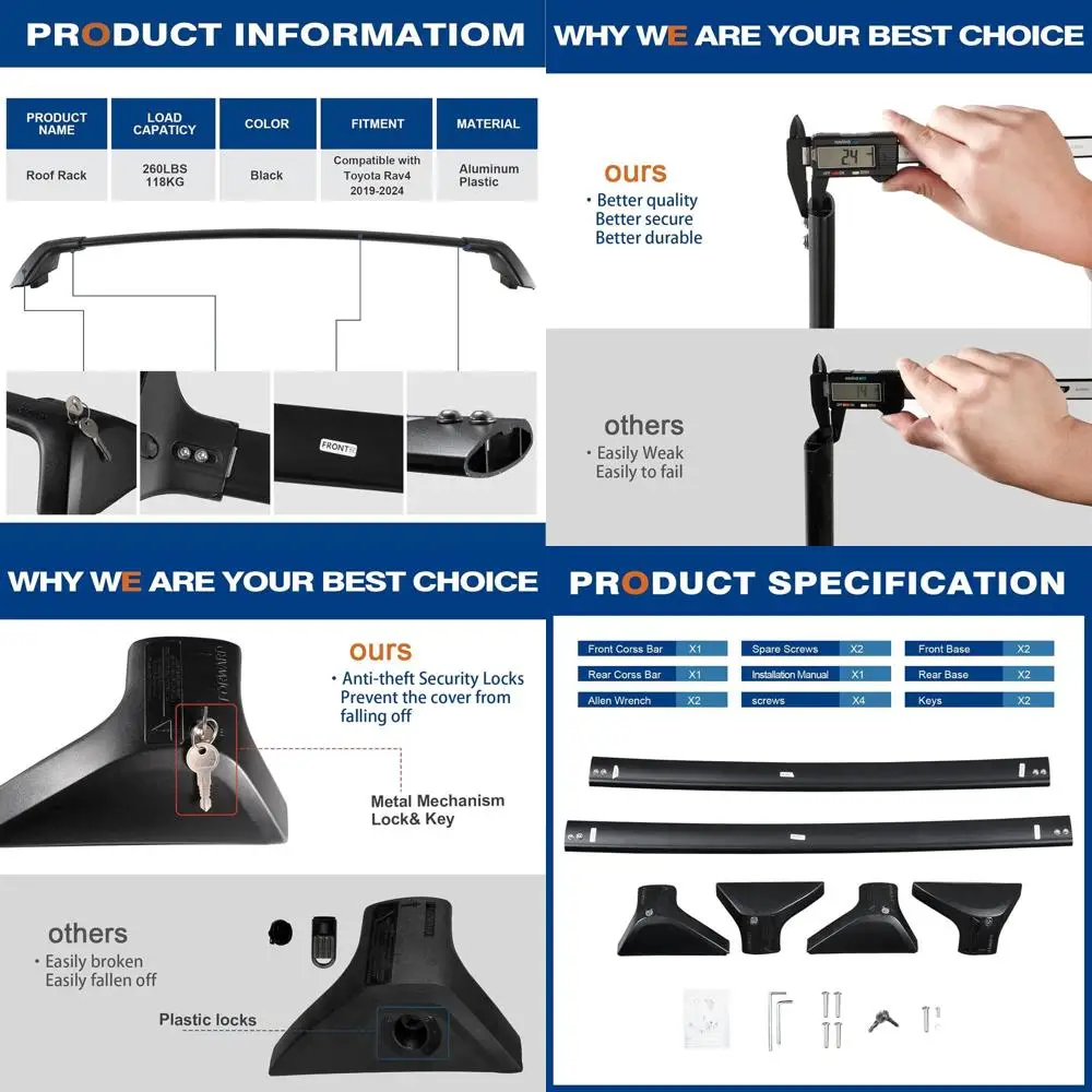 Heavy-Duty Aluminum Roof Rack Crossbars for 2019-2025 Toyota RAV4, 260 lbs Capacity (Excludes Adventure, TRD, Hybrid, Woodland)
Heavy-Duty Aluminum Roof Rack Crossbars for 2019-2025 Toyota RAV4, 260 lbs Capacity (Excludes Adventure, TRD, Hybrid, Woodland)