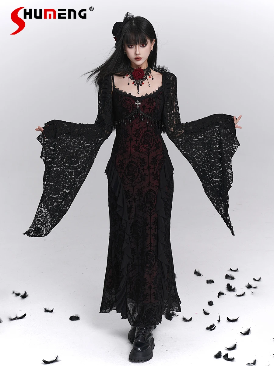Subculture Gothic Style Halloween costume Outfit Black Lace Waistcoat Tops High Waist Slim Sling Long Dress Women Two-Piece Set 
Subculture Gothic Style Halloween costume Outfit Black Lace Waistcoat Tops High Waist Slim Sling Long Dress Women Two-Piece Set