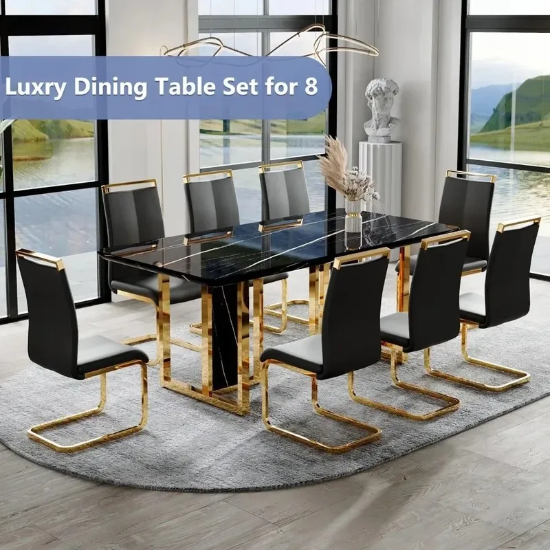79in Dining Table and Chair Set for 8, Faux Marble Top, 9 Piece Dining Room Furniture Set
79in Dining Table and Chair Set for 8, Faux Marble Top, 9 Piece Dining Room Furniture Set