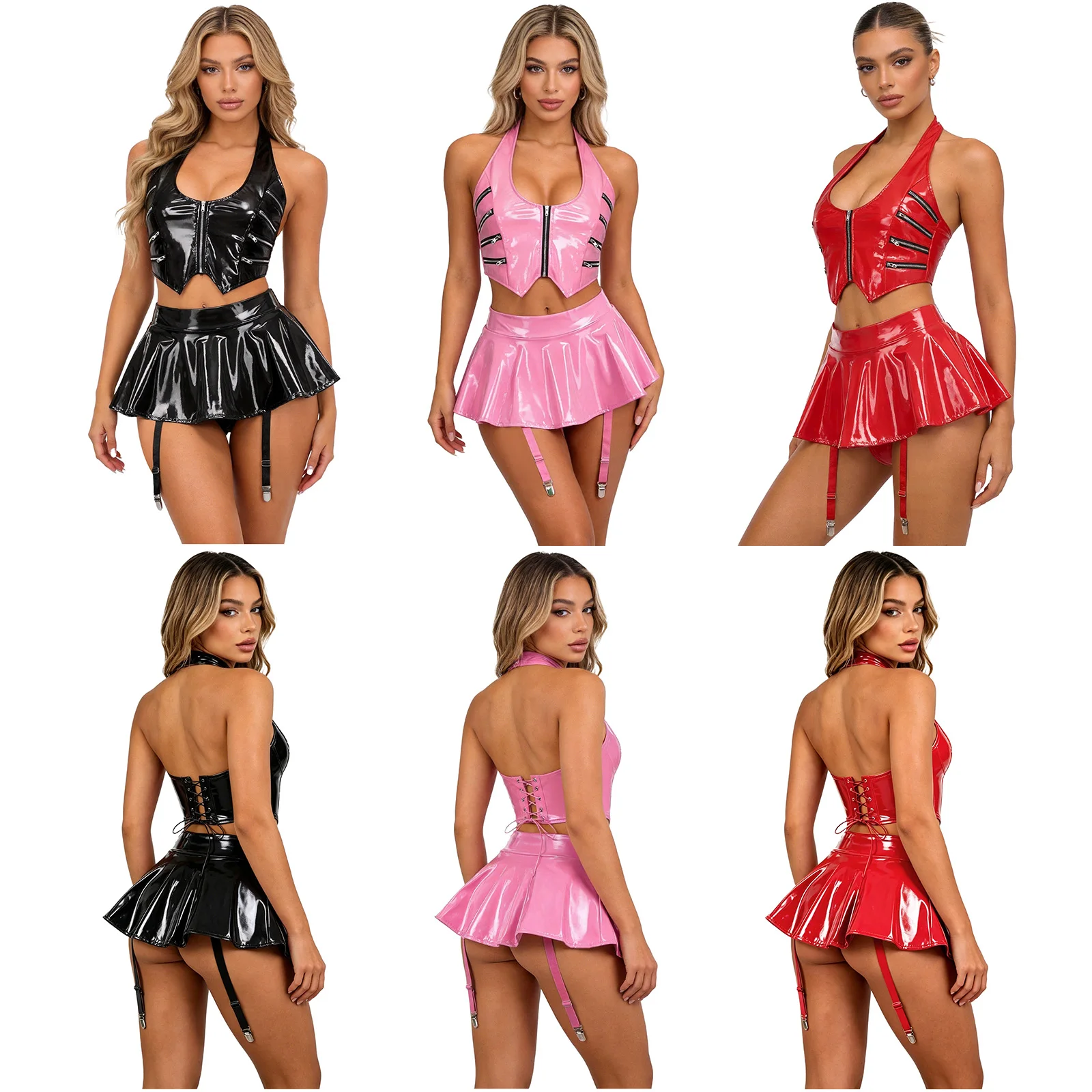 Womens Sexy Rave Dance Set Leather Clubwear Zip Halter Back Lace-up Crop Top And Built-in Briefs Miniskirt with Garter Clips Set
Womens Sexy Rave Dance Set Leather Clubwear Zip Halter Back Lace-up Crop Top And Built-in Briefs Miniskirt with Garter Clips Set