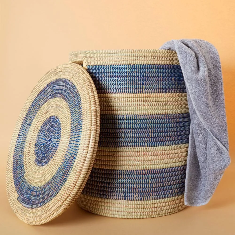 Decorative Wicker Basket with Lid & Handles, Laundry Hamper, Blanket Storage, Toy Bin, African Woven, Flat Lid, Blue Beige
Decorative Wicker Basket with Lid & Handles, Laundry Hamper, Blanket Storage, Toy Bin, African Woven, Flat Lid, Blue Beige