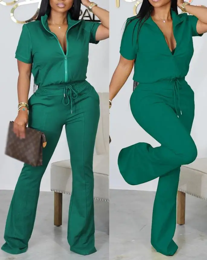 European and American women's clothing 2024 summer new women's casual short sleeved zippered top and drawstring pants set
European and American women's clothing 2024 summer new women's casual short sleeved zippered top and drawstring pants set
