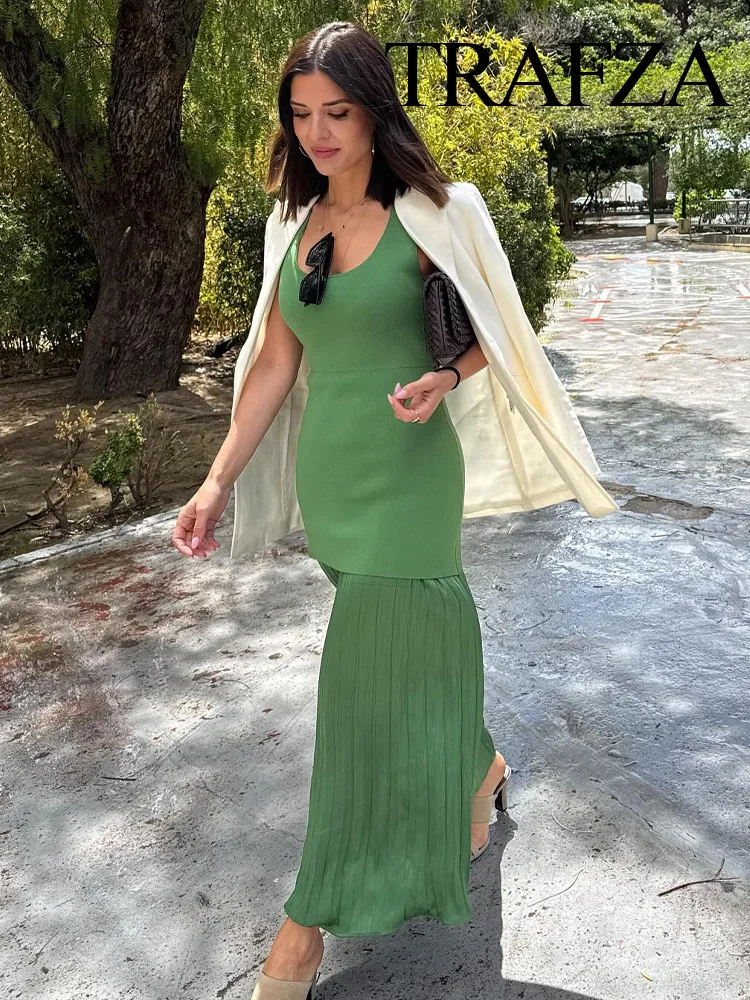TRAFZA 2025 Summer Woman Fashion Splicing Pleated Decoration Slim Vacation Style Dress Women O-Neck Sleeveless Green Dresses
TRAFZA 2025 Summer Woman Fashion Splicing Pleated Decoration Slim Vacation Style Dress Women O-Neck Sleeveless Green Dresses