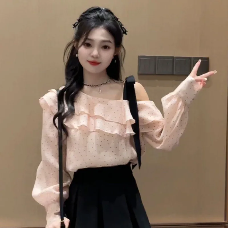One-word Collar Strap Bow Polka Dot Shirt Top Women's 2026 Spring New Ruffle Edge Chiffon Shirt Long Sleeve
One-word Collar Strap Bow Polka Dot Shirt Top Women's 2026 Spring New Ruffle Edge Chiffon Shirt Long Sleeve
