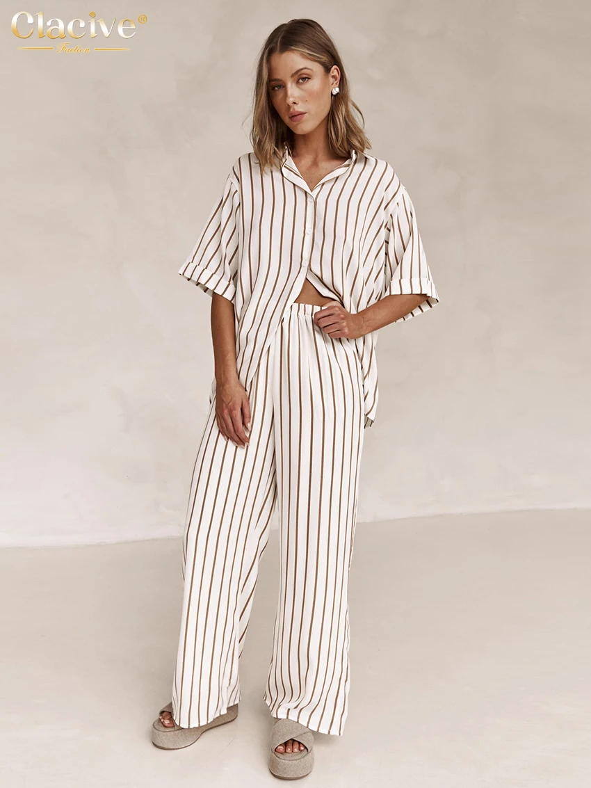 Clacive Summer Loose Stripe Print Trousers Sets For Women 2 Pieces Fashion Short Sleeve Shirt With High Waist Wide Pants Set
Clacive Summer Loose Stripe Print Trousers Sets For Women 2 Pieces Fashion Short Sleeve Shirt With High Waist Wide Pants Set