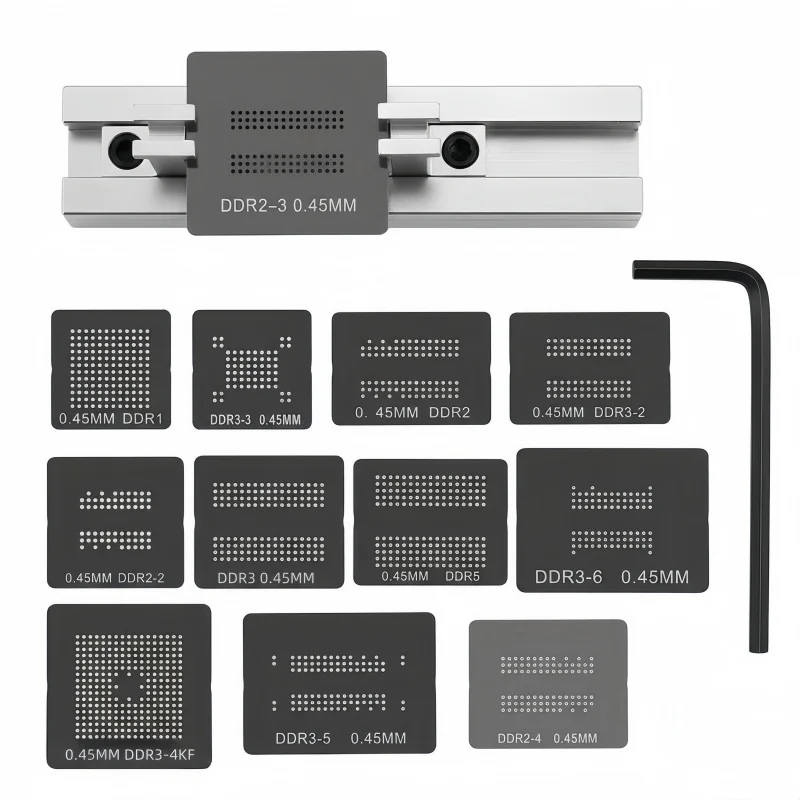 BGA reballing stencil fixture holder, suitable for DDR1, DDR2, DDR3 DDR5 DDR2-2,DDR3-3 DDR3-2, GDDR5 soldering rework and repair
BGA reballing stencil fixture holder, suitable for DDR1, DDR2, DDR3 DDR5 DDR2-2,DDR3-3 DDR3-2, GDDR5 soldering rework and repair