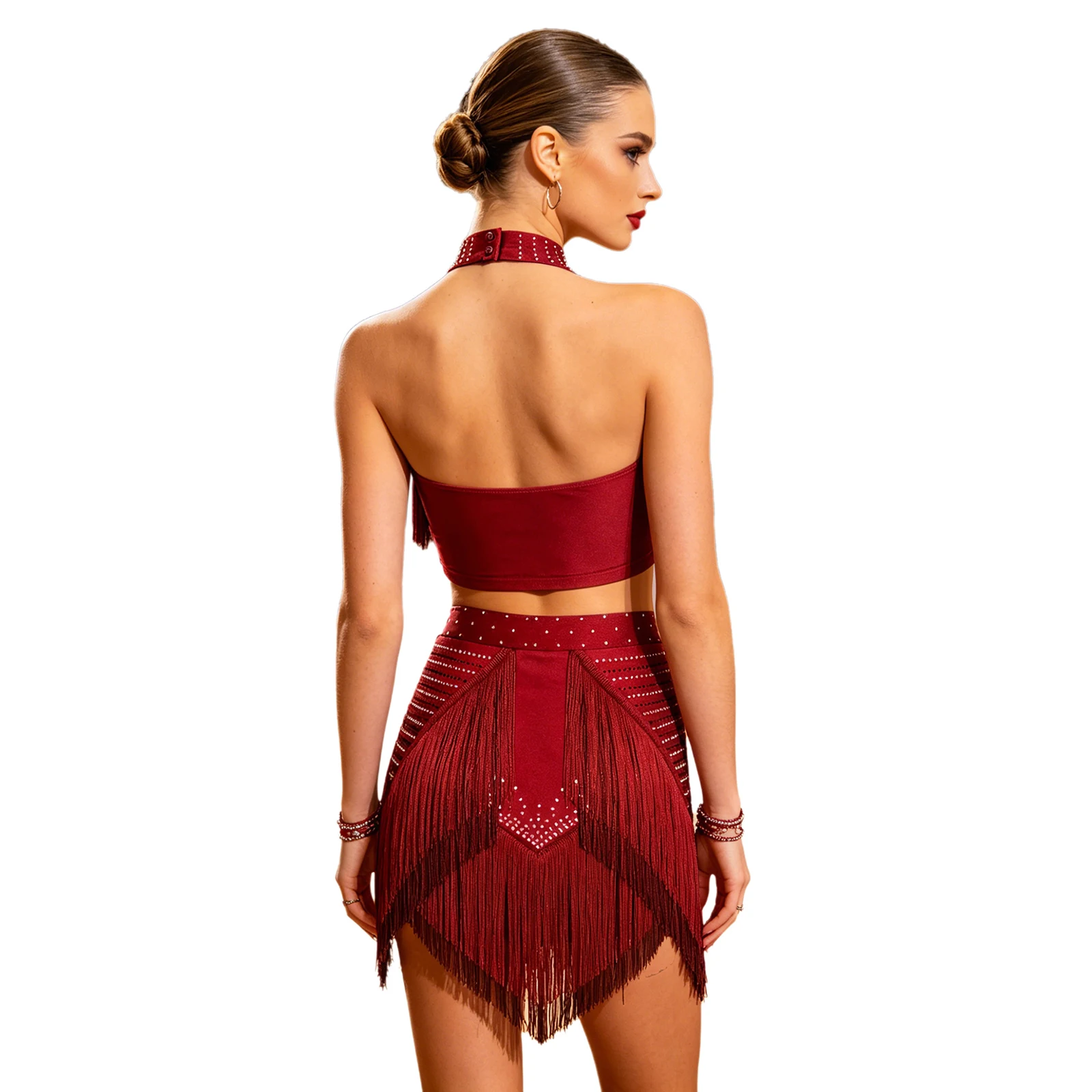 Women Latin Rumba Dance Outfit Halter Backless Crop Top And Tiered Tassel Skirt with Briefs for Cha-cha Tango
Women Latin Rumba Dance Outfit Halter Backless Crop Top And Tiered Tassel Skirt with Briefs for Cha-cha Tango