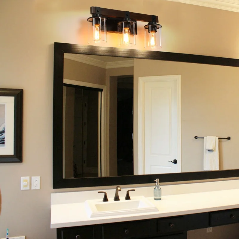 3-Light Farmhouse Bathroom Wall Sconce, Wood & Black Metal Vanity Light with Clear Glass Shade, Industrial Wall Lamp for Bathroom Mirror, Living Room
3-Light Farmhouse Bathroom Wall Sconce, Wood & Black Metal Vanity Light with Clear Glass Shade, Industrial Wall Lamp for Bathroom Mirror, Living Room