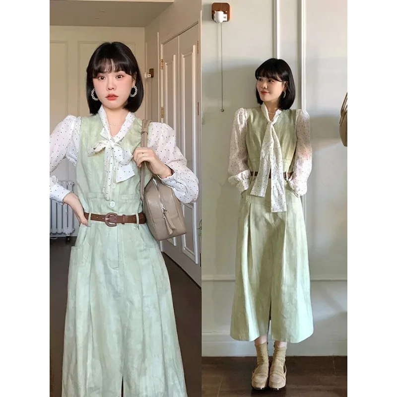 Polka Dot Long Sleeve Lace-up Chiffon Shirt Women Straight Pleated Vent Tank Dress Autumn Lady Elegant Slim Two Pieces Suit
Polka Dot Long Sleeve Lace-up Chiffon Shirt Women Straight Pleated Vent Tank Dress Autumn Lady Elegant Slim Two Pieces Suit