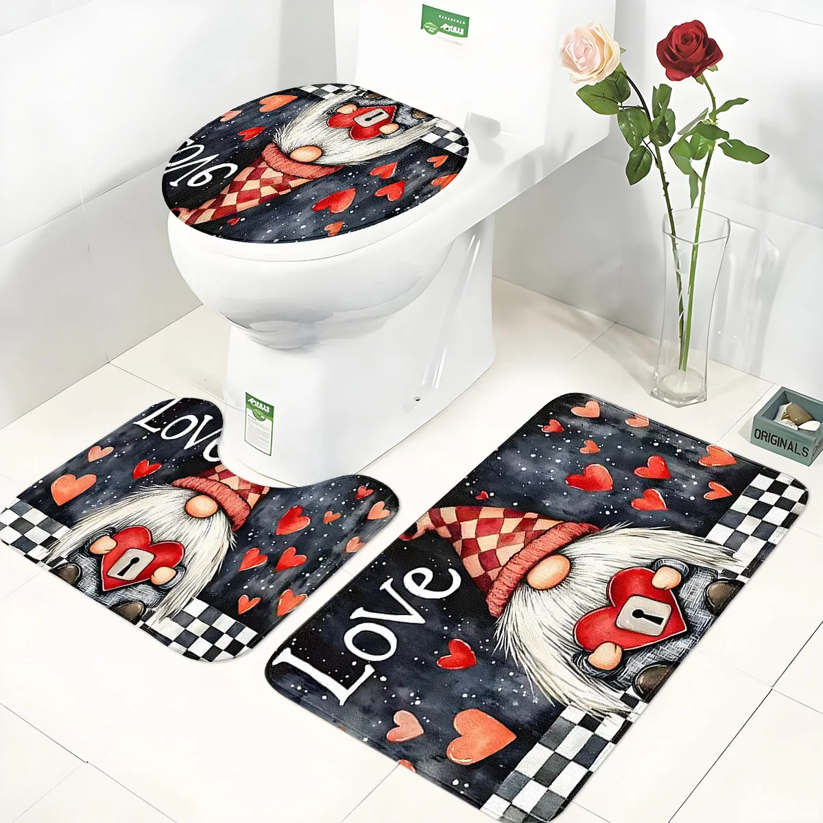 Valentine's Day Flannel Bathroom 3-Piece Set - Non-Slip Toilet Lid Cover + Bath Mat + U-Shaped Rug, Love Heart Gnome Pattern Decor
Valentine's Day Flannel Bathroom 3-Piece Set - Non-Slip Toilet Lid Cover + Bath Mat + U-Shaped Rug, Love Heart Gnome Pattern Decor