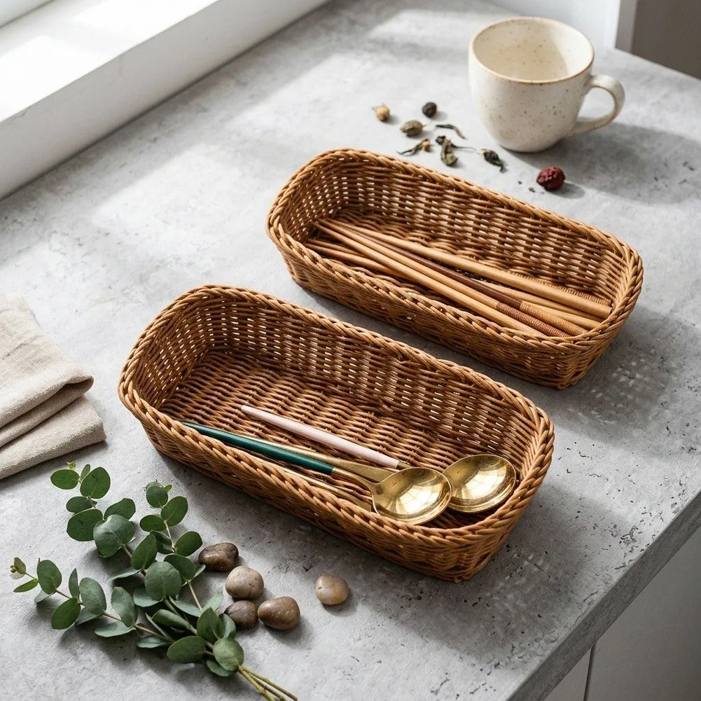 Multi‑Purpose Rectangular Woven Storage Basket Imitation Rattan Wicker Tray Rustic Style Household Bathroom Cosmetic Organizer
Multi‑Purpose Rectangular Woven Storage Basket Imitation Rattan Wicker Tray Rustic Style Household Bathroom Cosmetic Organizer
