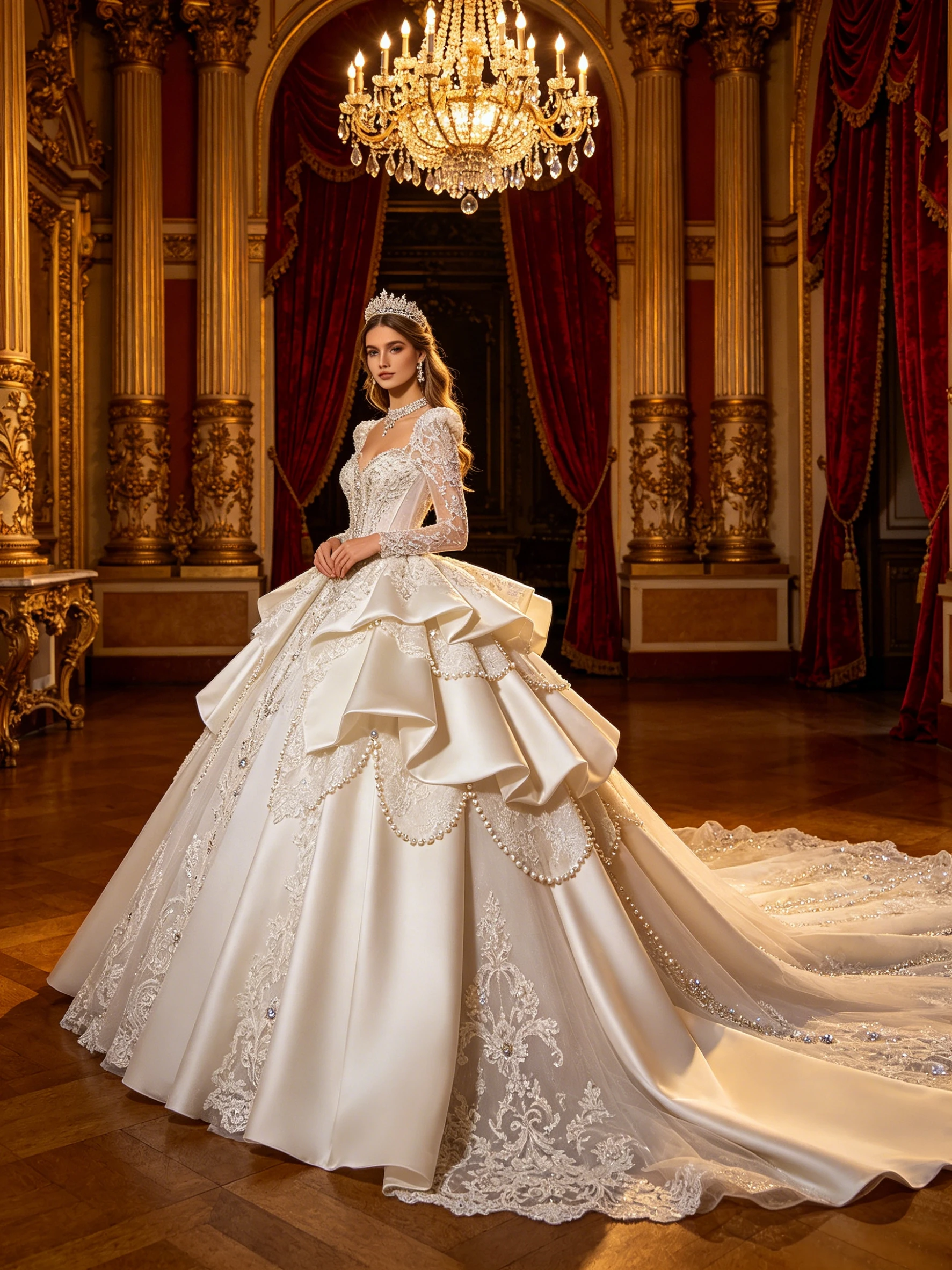 Luxury Satin Ball Gown Wedding Dress Long Sleeve Beaded Pearls Ruffle Skirt Bridal Gown with Train
Luxury Satin Ball Gown Wedding Dress Long Sleeve Beaded Pearls Ruffle Skirt Bridal Gown with Train
