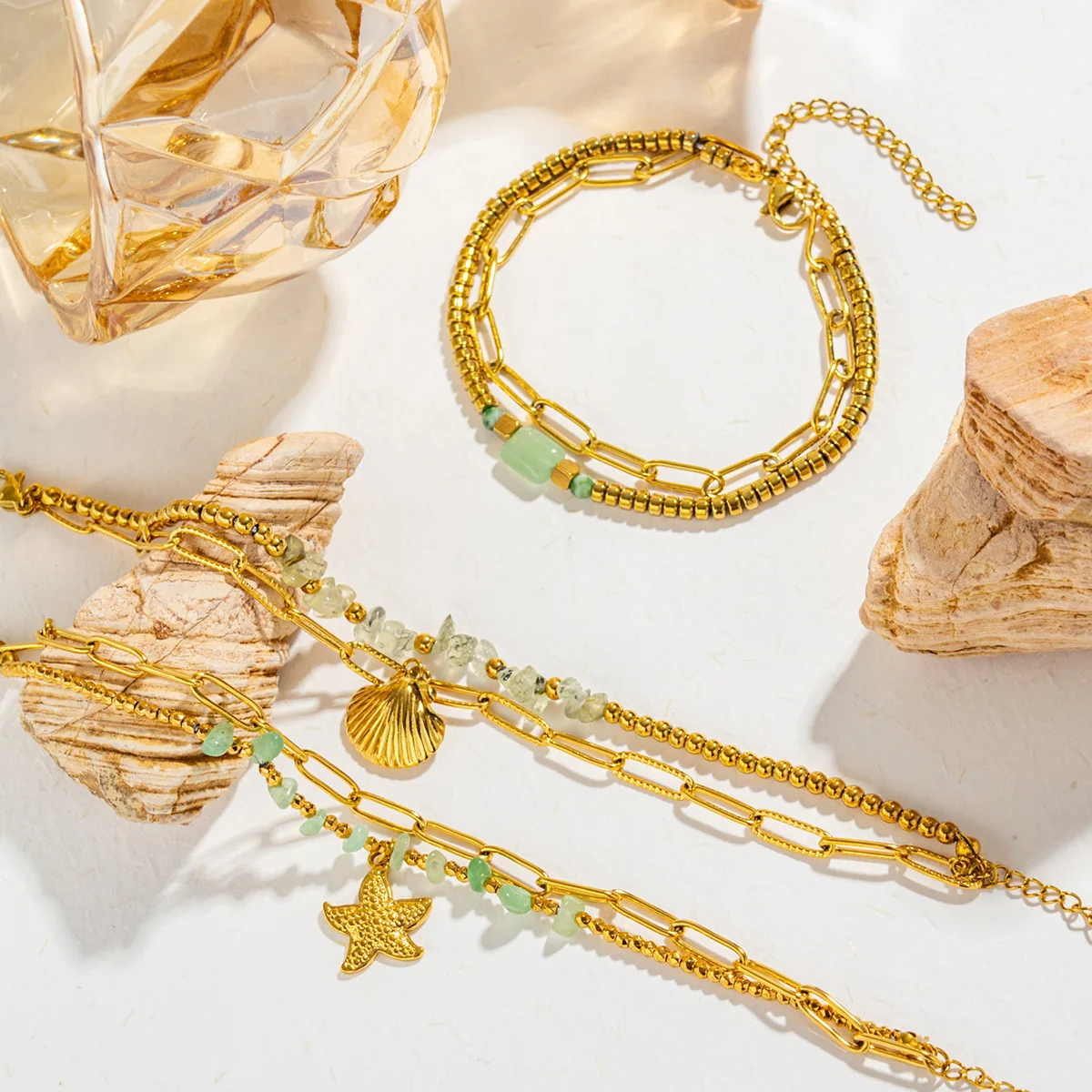 Summer beach double-layer starfish, shell bracelet, Bohemian stainless steel bracelet, handmade DIY bead bracelet wholesale
Summer beach double-layer starfish, shell bracelet, Bohemian stainless steel bracelet, handmade DIY bead bracelet wholesale