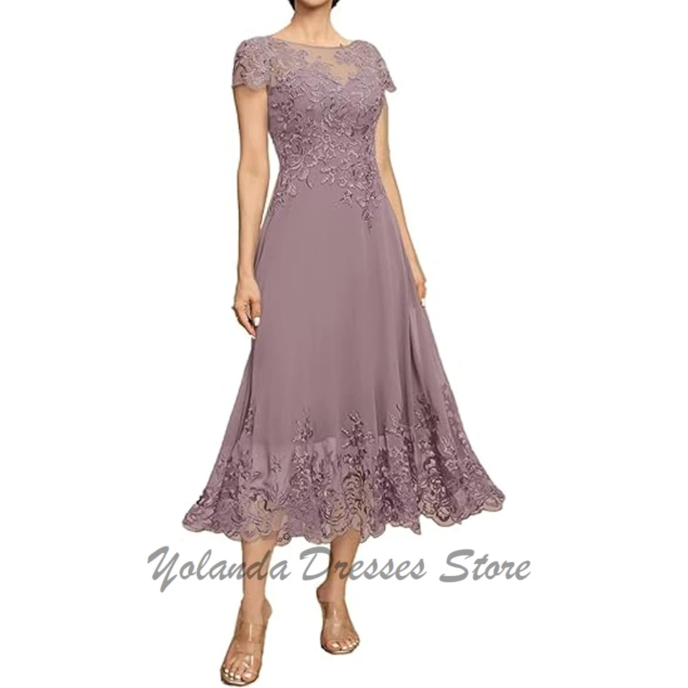 Fashion O Neck Mother of The Bride Dresses Short Sleeves Formal Dress Chiffon Tea Length Appliques Lace Evening Gown Lace Up
Fashion O Neck Mother of The Bride Dresses Short Sleeves Formal Dress Chiffon Tea Length Appliques Lace Evening Gown Lace Up