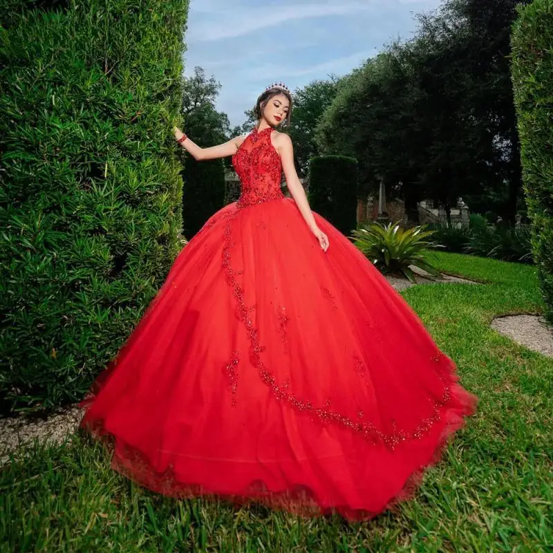 Customized Red Quinceanera Dresses with Rhinestones High Neck Pleat Cathedral Train Sleeveless Tulle Vestidos De 15 Anos
Customized Red Quinceanera Dresses with Rhinestones High Neck Pleat Cathedral Train Sleeveless Tulle Vestidos De 15 Anos