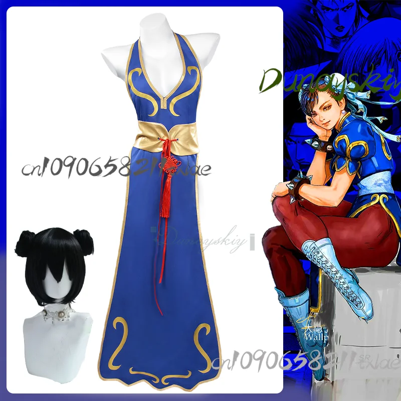 Game Fighter Chun Li Cosplay Costume Blue High Slit Cheongsam Women Sexy Battle Dress Wig Halloween Party Carnival Suit
Game Fighter Chun Li Cosplay Costume Blue High Slit Cheongsam Women Sexy Battle Dress Wig Halloween Party Carnival Suit