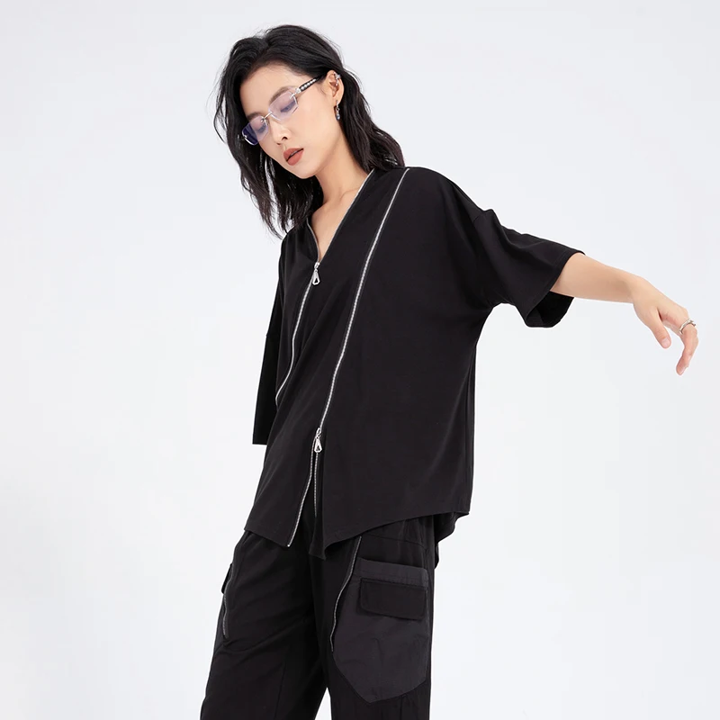 Dark Style Zipper Splice V-neck 5/4 Sleeve T-shirt Women's Loose Oversize Slimming Design Top Cotton Nylon Blend Summer
Dark Style Zipper Splice V-neck 5/4 Sleeve T-shirt Women's Loose Oversize Slimming Design Top Cotton Nylon Blend Summer